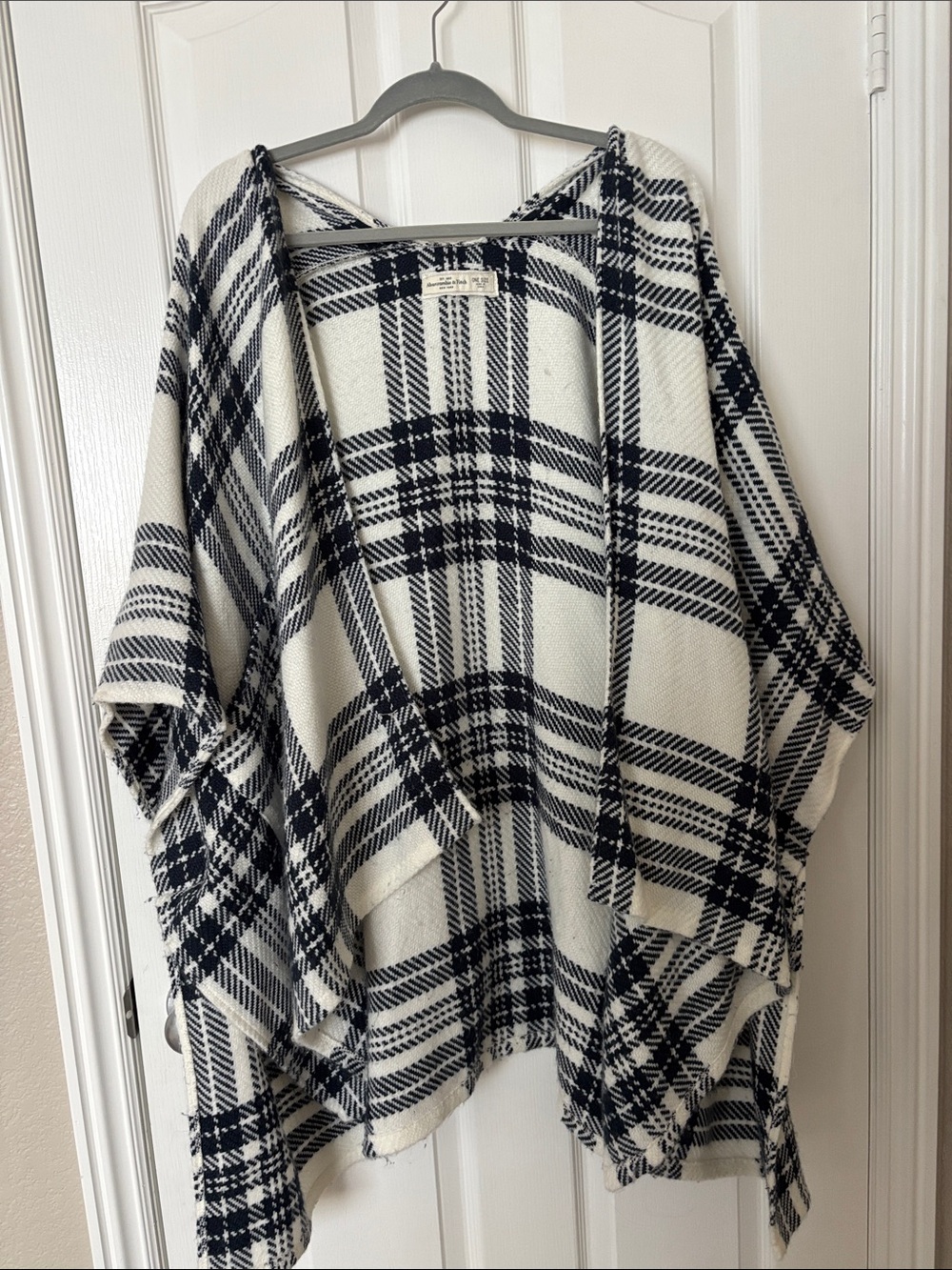 Abercrombie & Fitch Black and Cream Plaid Poncho Sweater